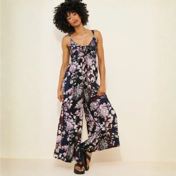 NWT Free People Melrose Wide Leg Jumpsuit Size XS Floral Print Smocked Waist - Picture 1 of 8
